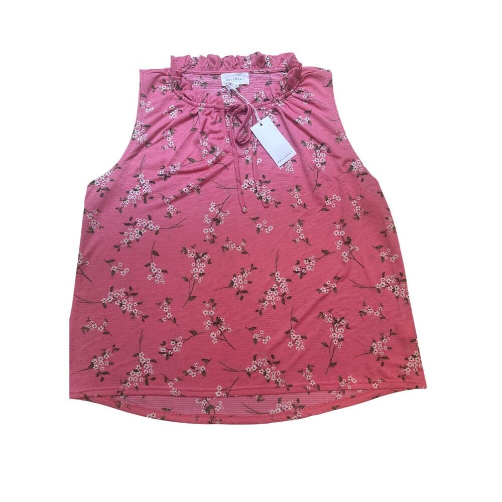 Mellóday Peachy Pink Floral Blouse Large Sleeveless Ruffle Neck Keyhole Tie